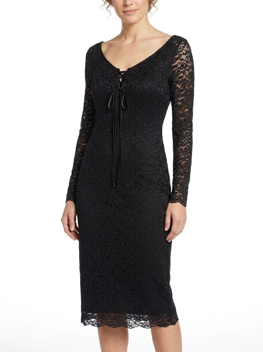 NTW Kirious Black Floral Lace Lace-Up Long Sleeve Midi Dress Women Size L